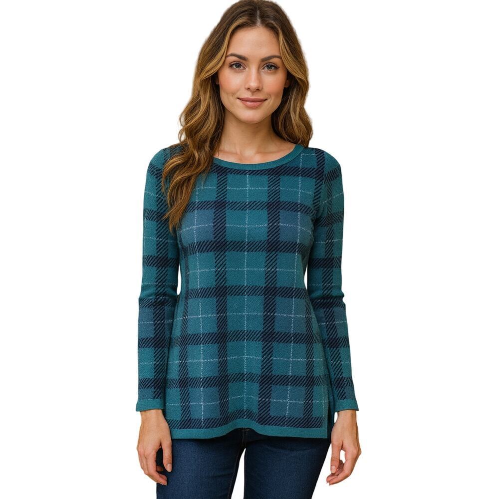 Soft surroundings PXS PETITE XS teal tartan plaid holiday sweater winter holiday